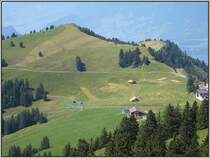 Blick von der Station auf der Rigi Kulm hinunter auf die Strecke, die von Arth-Goldau hinauf zur Rigi f�hrt. Der Zug, der dort gerade bergauf unterwegs ist wird als n�chstes die Station Rigi Staffel erreichen. (20.07.2007)