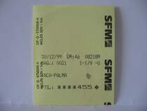 Mallorca,Ticket f�r die Strecke Inca-Palma,30.12.1999.Preis 455 pts.
