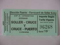 Mallorca,Ticket f�r Strecke Soller-Puerto Soller.