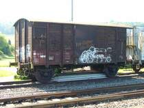 ex SBB / NBCB = N Bahn Clup Busswil / G�terwagen ex  Gklm-v 42 85 114 4 887-3 mit Graffiti verschmiert Abgestellt in Busswil am 15.07.2007