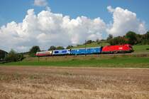 1116 231-0 zieht am 24.08.07 den Testzug f�r die neue Maxima 40CC der Firma Voith am Kilometer 71,4 der Filsbahn vorbei, hier bei Urspring aufgenommen.