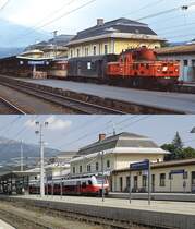 Der Bahnhof Spittal-Millstättersee einst & jetzt: In der zweiten Hälfte der 1980er Jahre rangiert die 1161.13 mit einer zeittypischen Zuggarnitur der Drautalbahn, darunter eine Aufnahme vom 18.08.2022, heute verbindet die S 1 mit Triebwagen der Reihe 4746 Lienz mit dem an der Landesgrenze zur Steiermark gelegenen Friesach