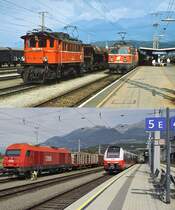 Der Bahnhof Spittal-Millstättersee einst & jetzt: Auf der oberen Aufnahme, die in der ersten Hälfte der 1990er Jahre entstand, treffen sich die 1245 516-8 und die 1042 519-5, darunter ein Bild vom 18.08.2022 mit der 2016 048 und dem nach Friesach ausfahrenden 4746 550