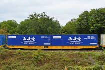 Im Bild der mit Containern beladene Flachwagen Sggnss 33 51 4576 158-1. (Rheinhausen, August 2022)