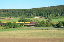 Heute habe ich wieder die Fotostelle in Treuchtlingen aufgesucht. Kurz nach meiner Ankunft fuhr eine Lok der Baureihe 203 (203-843-8) mit einem Bauzug über die Altmühlbrücke der Strecke Treuchtlingen-Nürnberg. Aufgenommen am 02.09.2022