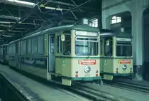 AVG Straßenbahn Augsburg__Tw 408 und 404 ex Straßenbahn Aachen [Talbot, 1951 als Verbandstyp, Umbau 1958 zum Gelenkwagen, 1973 nach Augsburg geliefert].Tw 403 als historisches Fahrzeug vorhanden.__09-03-1974