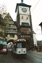 TW 208 vom Typ GT8K auf seinem Weg durch das Freiburger Zentrum.
Datum: 29.10.1983