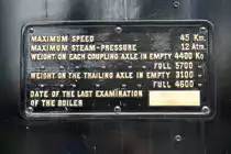 Datenschild der MRC 2, ex TRC 2 (B1-n2t, Kraus-Sendling, Bauj. 1903, Fab.Nr. 5012). Samut Prakan Observation Tower am 27.April 2023.