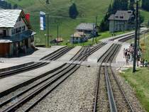 Triebwagen 3 kommt in Rigi Staffel an. Er wird nach Vitznau weiterfahren.
