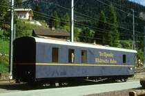 RhB - Xa-v 9399 am 22.08.1995 in Berg�n - gedeckter Dienstwagen 4-achsig (Treffpunktwagen/Infowagen der RhB) - Baujahr 1913 - SWS - Gewicht 15,70t - Zuladung 5,00t - L�P 14,43m - zul�ssige Geschwindigkeit 60 km/h - �2=12.05.1989 - Lebenslauf: ex Z� 324 - 1928 Z� 29 - 1954 ausr - 1954 Z4� 87 - 12.05.1989 Xa-v 9399 - 08/1998 WS 3901 - 01/2006 ausr. - 20.03.2006 Abbruch - Hinweis: noch ohne Laufwegtafel
