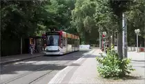 Am Park - 

Eine Combino Advanced Tram der Linie 4 in Erfurt hält im grünen Umfeld an der Haltestelle Brühler Garten.

12.7.2023 (M)
