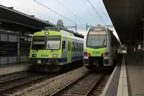 bls 566 941 und bls 515 001 (MUTZ) stehen in Spiez. 566 941 (566 241) wird in Kürze als RE nach Interlaken Ost starten. (18.04.2023)