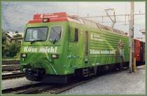 HGe 4/4 101 968-6 mit unmissverst�ndlicher Werbung in Meiringen.(Archiv 08/2000)