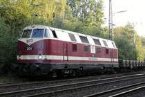Sechsachsige Dieselok C’C’ MEG 201 (ex BUNA-Lok DR V180 / DR 118 / DBAG 228) in Datteln am 11.09.2006. Die Lok der Mitteldeutschen Eisenbahn GmbH wurde im Zuge der Gleiserneuerung in Datteln eingesetzt.