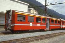 MGB exBVZ A 2062 am 12.08.1991 in Disentis - 1.Klasse-Mitteleinstiegswagen - Baujahr 1961 - SIG - Gewicht 11,80t - L�P 15,82m - 34 Sitzpl�tze/25 Stehpl�tze - zul�ssige Geschwindigkeit km/h 80 - Lebenslauf: ex BVZ A4 2062 - 1965 A 2062 - 2003 MGB A 2062 - Logo BVZ alt klein - Hinweis: Die Wagenserie besteht aus 7 Wagen mit den Nummern 2061 bis 2067.
