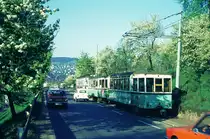 END Straßenbahn Esslingen-Nellingen-Denkendorf_Die aber auch nach Scharnhausen und Neuhausen fuhr.__3-Wagenzug mit Schluß-Bw 23 fährt von der Ausweichhaltestelle 'Zollberg' abwärts.__09-04-1974 
