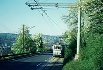END Straßenbahn Esslingen-Nellingen-Denkendorf_Die aber auch nach Scharnhausen und Neuhausen fuhr.__Zollberg-Auffahrt mit Blick auf Esslingen._09-04-1974 
