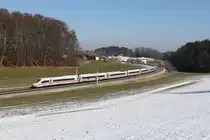 412 227 war am 19. Februar 2025 als  ICE 114  bei Axdorf im Chiemgau in Richtung München unterwegs.