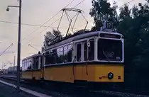 Zügige Sonderfahrt mit TW 851 (Uerdingen) und BW 1390 auf der Straßenbahnlinie 6 nach Möhringen SSB-Bahnhof (31.05.1984)