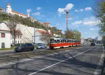 Unterhalb der Bratislavaer Burg f�hrt die Strecke der Linie 4 nach D�bravka an der Donau entlang. Am 07.04.2022 waren die beiden T3SUCS 7845 und 7846 auf dieser Strecke unterwegs.