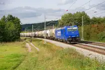 186 268 Rhenus mit einem Staubwagenzug bei Lehrberg Richtung ANsbach, 21.09.2021
