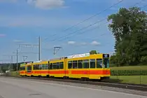 Doppeltraktion, mit dem Be 4/8 218 und dem Be 4/6 227, auf der Linie 17, fährt am 23.08.2025 zur Haltestelle Känelmatt. Aufnahme Ettingen.