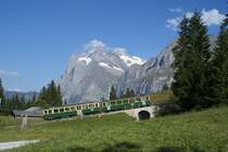 Talw�rts fahrender Triebzug der Wengernalpbahn passiert am Nachmittag des 16. Septembers 2007 diese Stelle oberhalb der Station Brandegg. Im Hintergrund das Wetterhorn.