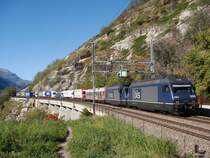 Zwei Re 465 mit einem Hupac-Zug unterhalb Lalden am 16.10.2007