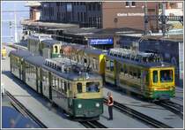 BDeh 4/4 109 im alten- und BDeh 4/4 122 im neuen Outfit folgen einander auf Sichtdistanz Richtung Wengen-Lauterbrunnen, w�hrend der hintere Zug nach Grindelwald f�hrt. (11.10.2007)