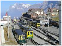 Volles Haus auf der Kleinen Scheidgg. Rechts vom Bahnhof stehen drei JB Z�ge, im Vodergrund ein abgestellter Reservezug, dann drei Z�ge mit zwei Vorstellwagen respektive Doppelsteuerwagen nach Lauterbrunnen und im Hintergrund ein doppelter Pano Tw und noch zwei BDeh 4/4 mit einem Vorstellwagen nach Grindelwald. Diese Situation wiederholt sich st�ndlich am Nachmittag. (11.10.2007)