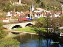 eine 152 mit einem Containerzug in Richtung Jossa in Gem�nden am Main 05.04.2007