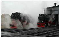 10.10.2007, 8:03. Noch stehen die Loks der HSB im Depot in Wernigerorde, und werden f�r den anstehenden Tag ger�stet.