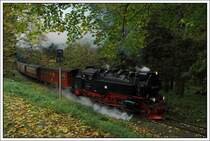 99 7239 bespannte am 10.10.2007 den ersten Zug (8931) von Wernigerode auf den Brocken. Die Aufnahme entstand neben dem Hotel/Restaurant in Drei Annen.