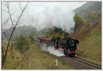 44 1486 hat am zweiten Plandampftag im Werratal (12.10.2007) in Walldorf einen ca. 1100 Tonnen schweren Holzzug �bernommen, und bring diesen nach Meiningen. Da Aufnahme entstand ca. 2 Kilometer nach Walldorf.