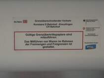 Hinweis zum mitf�hren von Grenzpapieren auf der Schwarzwaldbahn. Die Dostos fahren n�mlich teilweise nach Kreuzlingen (CH). Aufgenommen am 8. November 07 in Konstanz Hauptbahnhof.