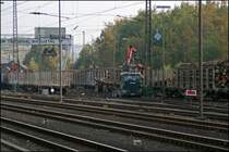 Holzverladung in Kreuztal am 04.10.07: Ein Holztransporter (SCANIA R580 v8) l�dt seine Holzst�mme auf die bereitstehenden Waggons.