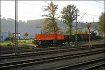 Lok 45 der KSW kommt mit der �bergabe vom Anschluss  Achenbach  in den Bahnhof gerollt, und wird die Fahrt Richtung G�terbahnhof fortsetzen. (04.11.07)