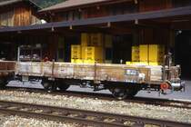 RhB - Kk-w 7377 am 22.08.2007 in Zernez - Niederbordwagen 2-achsig mit 1 offenen Plattform - Baujahr 1913 - Louv - Gewicht 5,53t - Zuladung 12,00t - L�P 7,79m - zul�ssige Geschwindigkeit Aufkleber 60/B km/h - �2=21.06.2005 - Lebenslauf: ex M1 7377 - 1969 Kk 7377 - 1970 Kk-w 7377.

