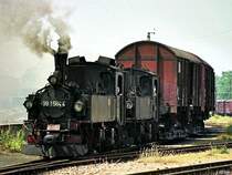 99 1584 und 99 1582 verlassen Oschatz Hbf (5. Juli 1991)