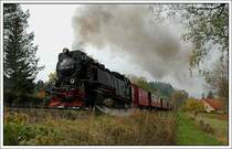 99 7241 bespannte am 9.10.2007 den Zug 8903 vom Brocken nach Eisfelder Talm�hle. Am Foto verl�sst der Zug gerade die Haltestelle Sorge. 