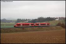 Am 24.11.07 sind zwei Regio Shuttles als RE 22531 von Crailsheim nach Ulm Hbf unterwegs, aufgenommen bei Rainau-Schwabsberg.