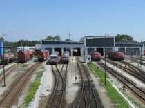 Das BW M�hldorf am 1.8.2007. Rechts sind vier 217 zu sehen, in der Mitte stehen zwei 628 und links stehen einige Wagen.