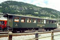 RhB - B 2246 am 28.08.1996 in Samedan - 2.Klasse Personenwagen - Baujahr 1928 - SIG/RhB - Fahrzeuggewicht 17,00t - Sitzpl�tze 72 - L�P 16,55m - zul�ssige Geschwindigkeit 70 km/h - �3=12.12.1990 - Lebenslauf: ex ChA C4 52 - 1942 RhB C4 2246 - 1956 B4 2246 - 1954 B 2246 - Hinweis: Historisches Fahrzeug.
