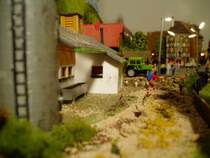 Vom linken, hinteren Anlagenrand aus betrachtet, kann man gut die freilaufenden H�hner und den beleibten Touristen erkennen, der seiner Tochter die K�he auf der Weide zeigt.