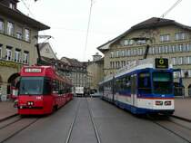 Bern mobil + RBS -  Triebwagen Be 4/8 736 zusammen mit dem Triebwagen Be 4/8 86 in Bern am 03.01.2008