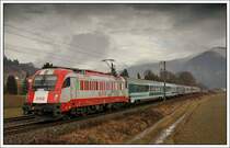 10 Minuten vor der Entstehung dieser Aufnahme schien die herrlichste Sonne. C'est la vie. OEC  151 Emona  von Wien S�dbahnhof nach Ljubljana (Laibach), am 18.1.2008, aufgenommen zwischen Peggau-Deutschfeistritz und St�bing.