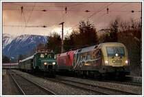 Treffen der Generationen am 18.1.2008 in Eichberg. OIC 539  Therme Nova K�flach  von Wien nach Villach, daneben beim Betriebshalt, 1100.102 mit dem Lehrpersonenzug 17067 von Wien nach Semmering. 