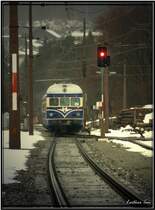 Nachschu� auf den Triebwagen VT 5145.011 der als Sonderzug von Wien nach Schladming zum Nachtslalom der Herren f�hrt.
Liezen 22.1.2008
