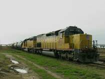 Die Union Pacific Loks 8687 und 3226 mit einem G�terzug am 2.2.2008 in Galveston (Texas).