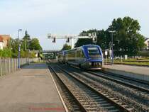 Ausfahrt der beiden Triebwagen X73569+X73547 aus dem Bahnhof Haguenau als Regionalzug TER30595 nach Strasbourg.
07.06.2007 Haguenau